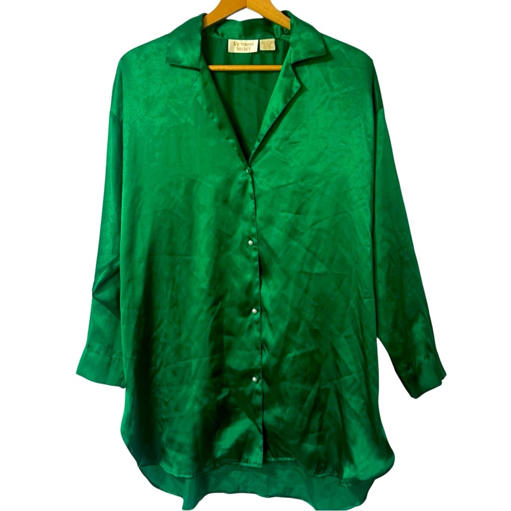 Victoria Secret Vintage Gold Label Green Satin Mini Sleep Shirt Size S P